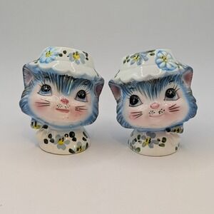 Vintage Lefton Miss Priss Blue Kitty Cat Salt & Pepper Shakers Floral Hat #1511